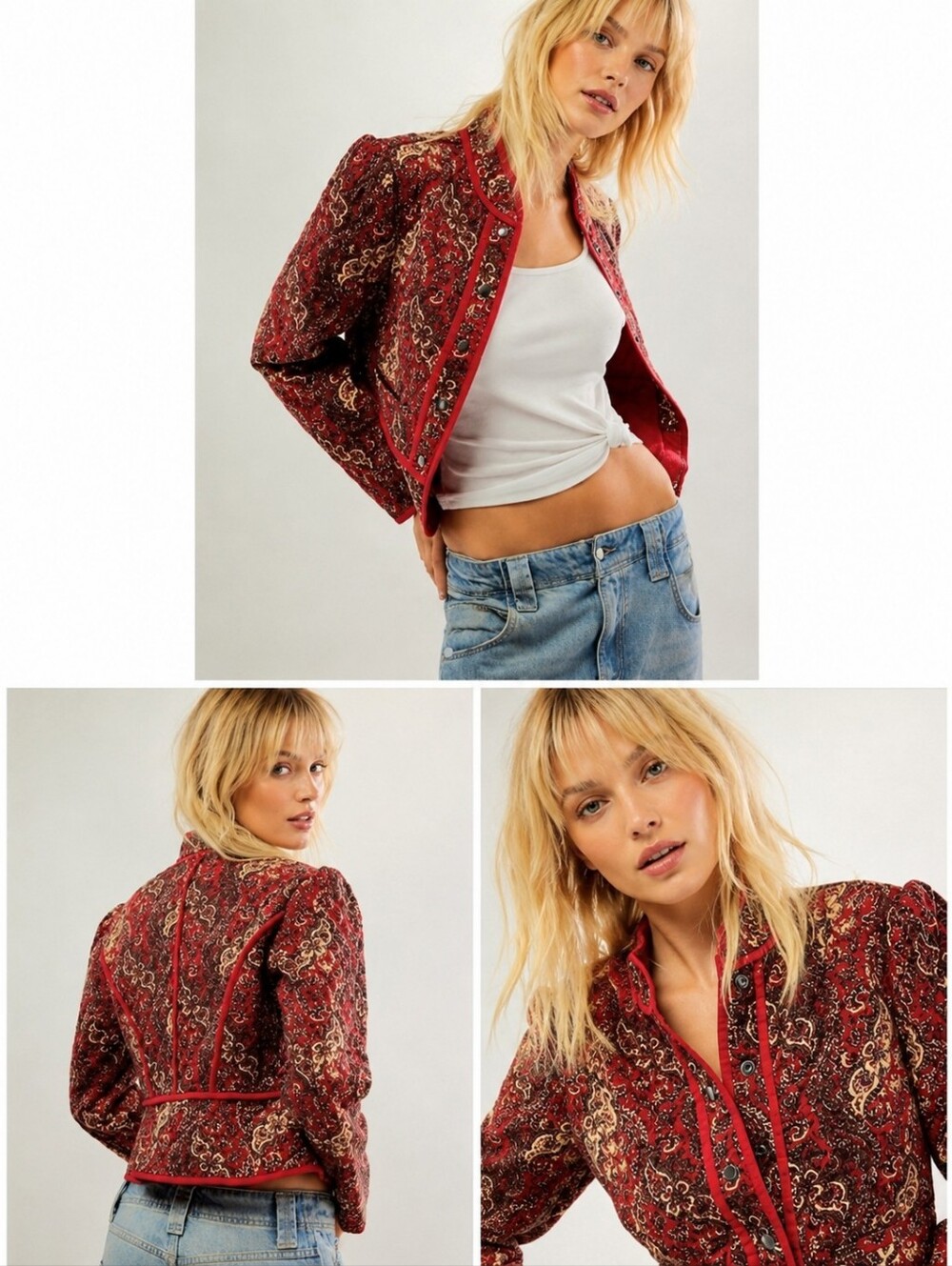 New Free People Zoey Quilted Jacket Cherry Combo Paisley Puff Shoulders